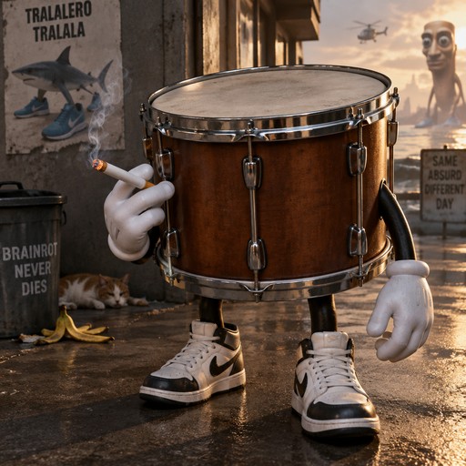 Surreal 3D drum with gloved hands and sneakers in a graffiti-covered alley
