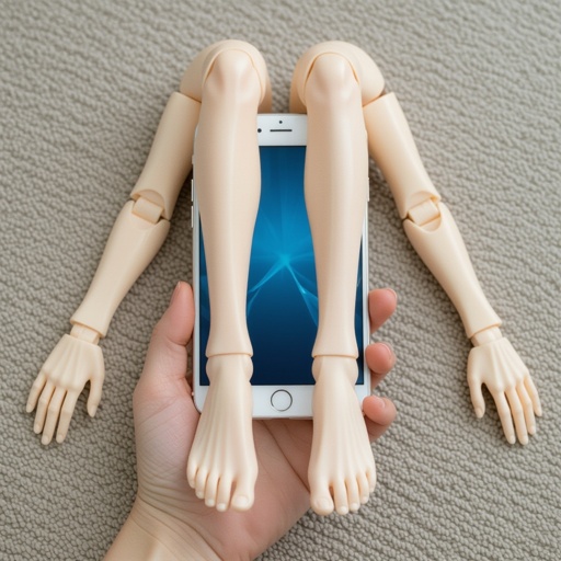 Um celular com pernas e braços humanos realistas