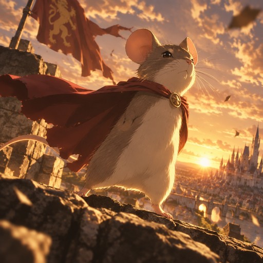 Animated cat wearing a red cape overlooking a glowing fantasy landscape