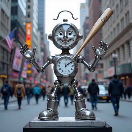 Silver clock with human face 2 silver 2 silver leg with silver baseball bat in city