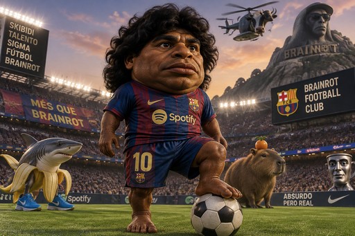 Surreal football stadium scene with a player, soccer ball, and oversized animal mascots in a collage style