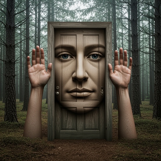 Door with human face 2 human arm 2 human leg in woods