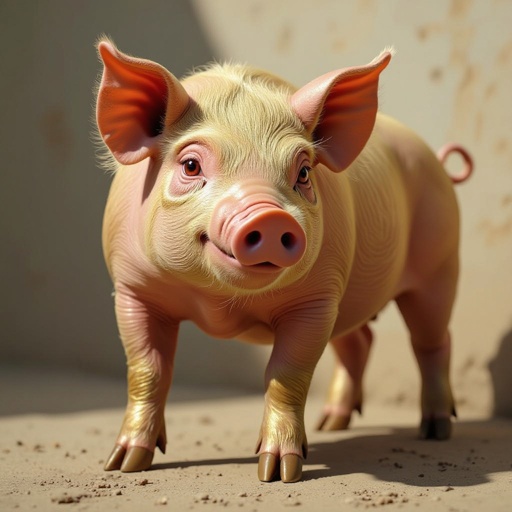 Golden pig with human legs and red eyes