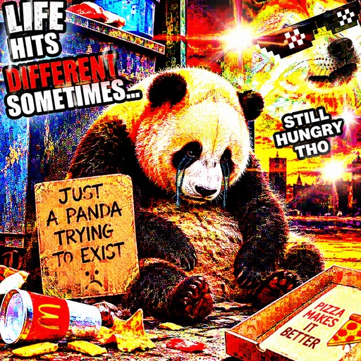 A panda sits among bright urban debris and bold meme text in a chaotic collage style.