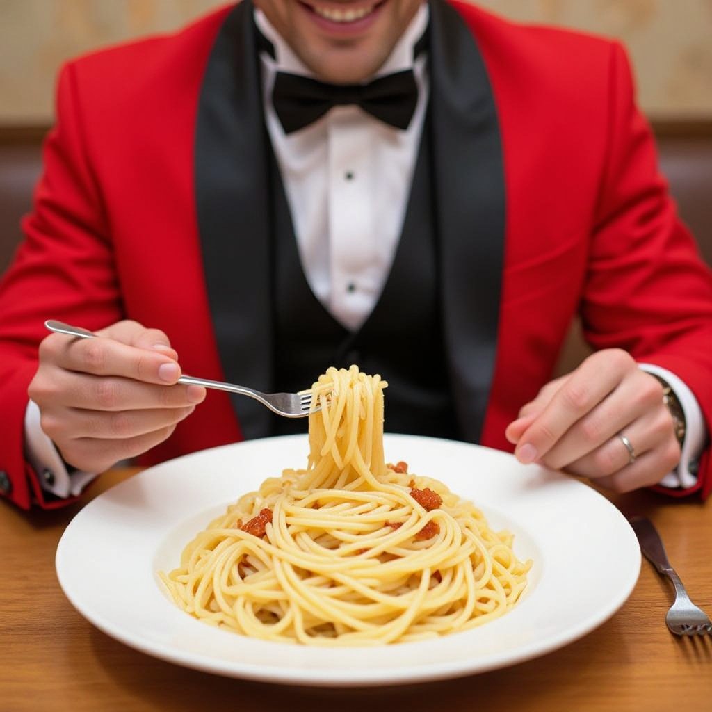 Un seder che mangia un piatto di spaghetti