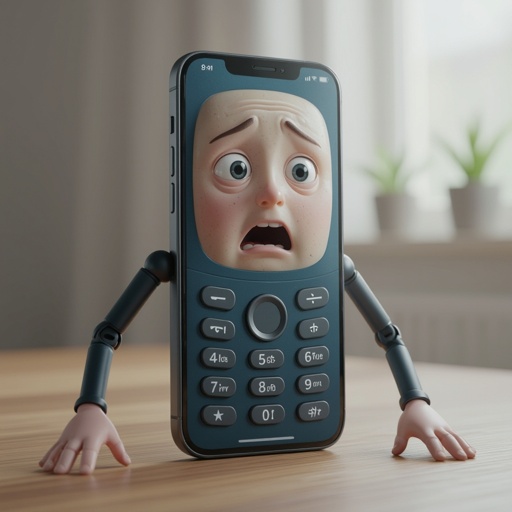 Um celular com braço e pernas com cara assustada