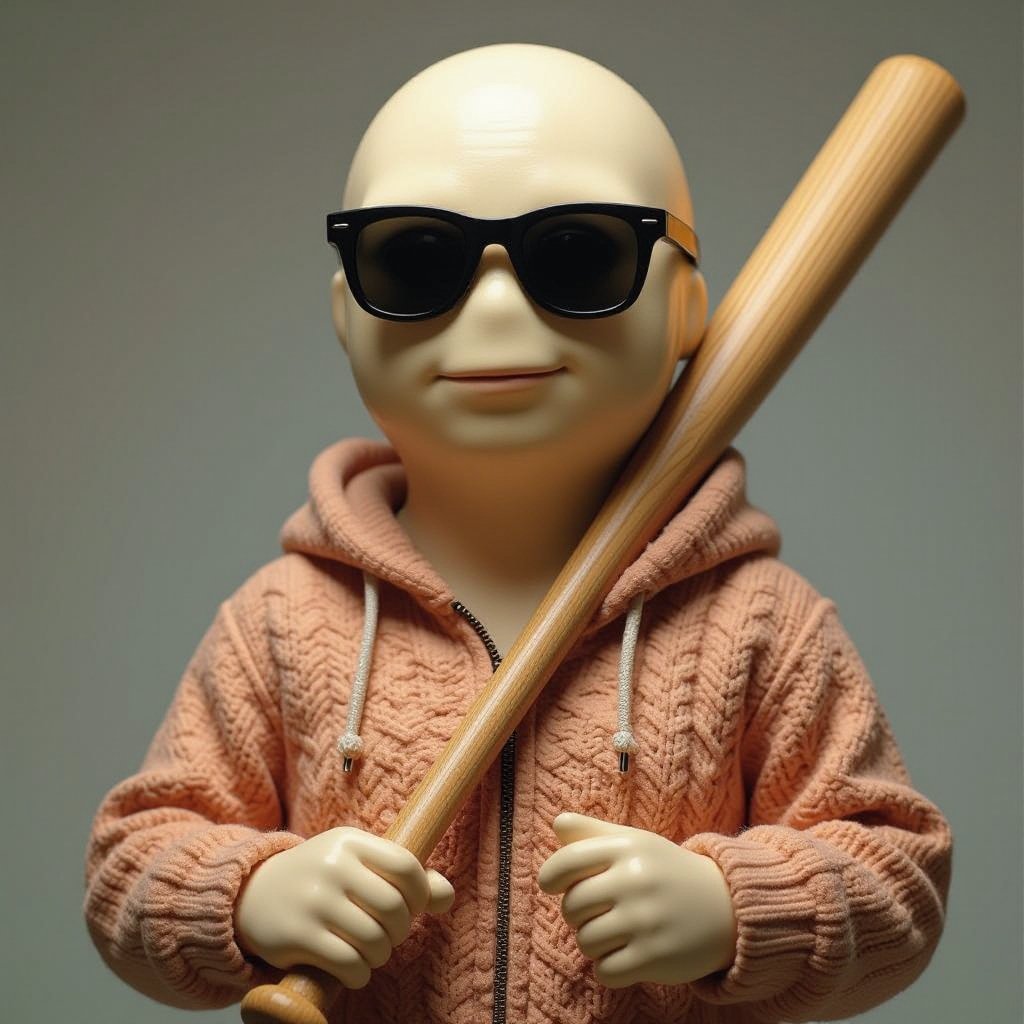 Uma sopa de óculos escuros e com um taco de baseball na mão humanoide