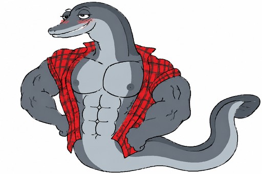 Cartoon muscular snake person wearing a red plaid shirt, flexing on a white background