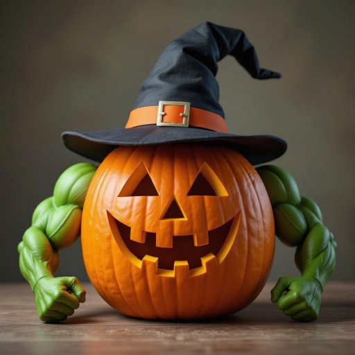 Una zucca con i muscoli con il cappello da strega