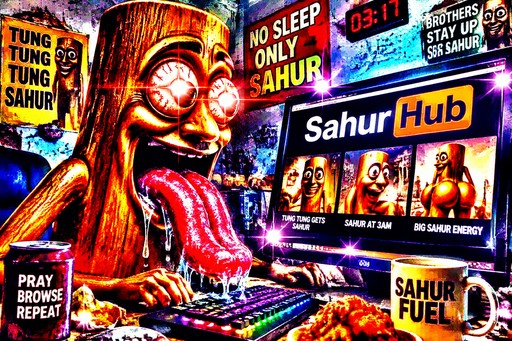 Colorful meme collage featuring a masked figure, gaming setup, and Sahur Hub screen