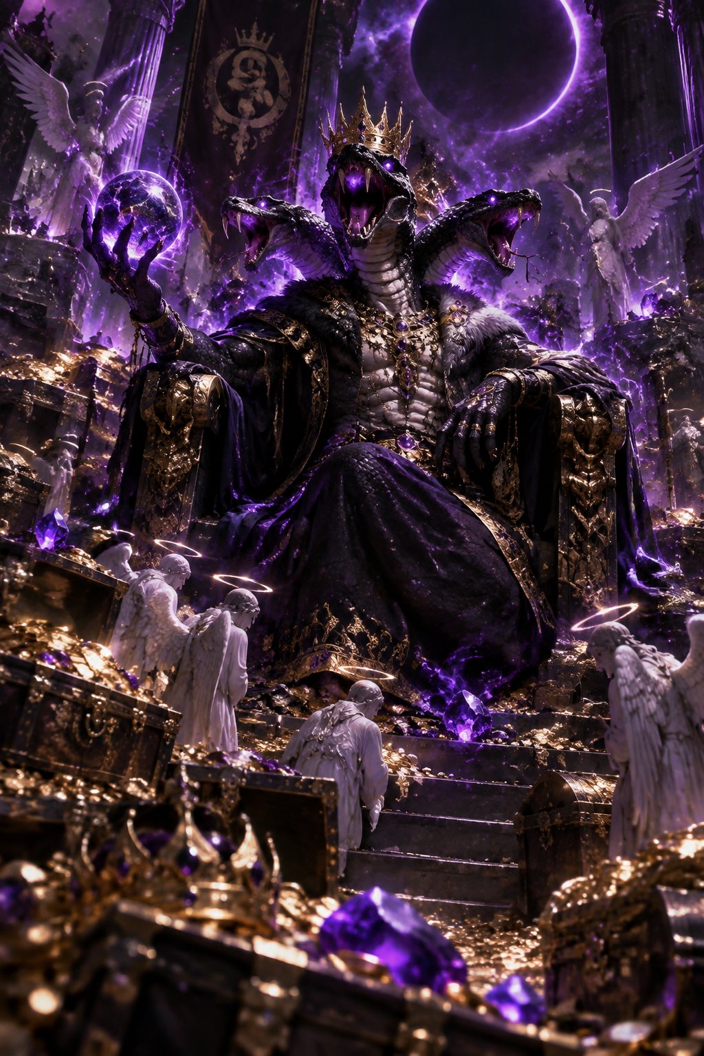 A dark fantasy throne scene with purple lighting, armored figures, and glowing decorations