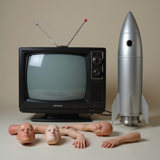 A tv and 100 heads and 100 arms an one rocket