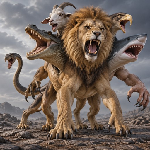 Surreal fantasy chimera with lion, goat, reptile, and shark heads in rocky landscape