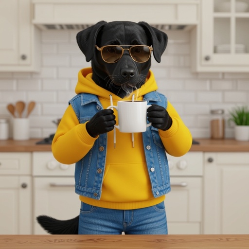 cane nero all'impiedi che beve caffe vicino ad una cucina con dei jeens indissati e anche degli occhiali da sole e una felpa gialla