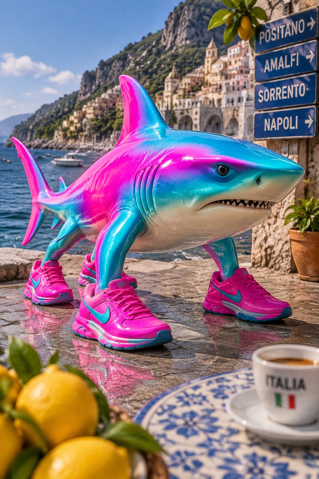 Colorful cartoon shark wearing pink sneakers beside directional signs and a seaside walkway.