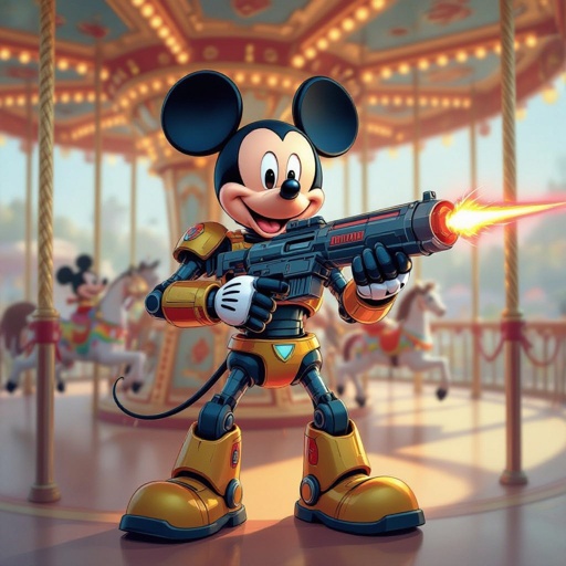 Fai Pippo di topolino in versione robotica che ha una pistola laser in una giostra