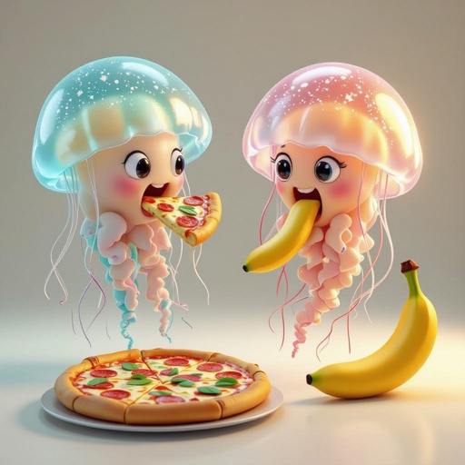 Two jellyfish one is eating a pizza and one is eating a banana