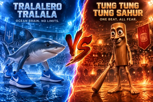 Blue ocean shark wearing sneakers faces orange wooden creature holding a bat in fiery fantasy matchup art.