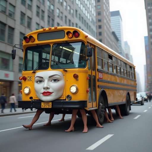 Bus with human face 10 human leg in city