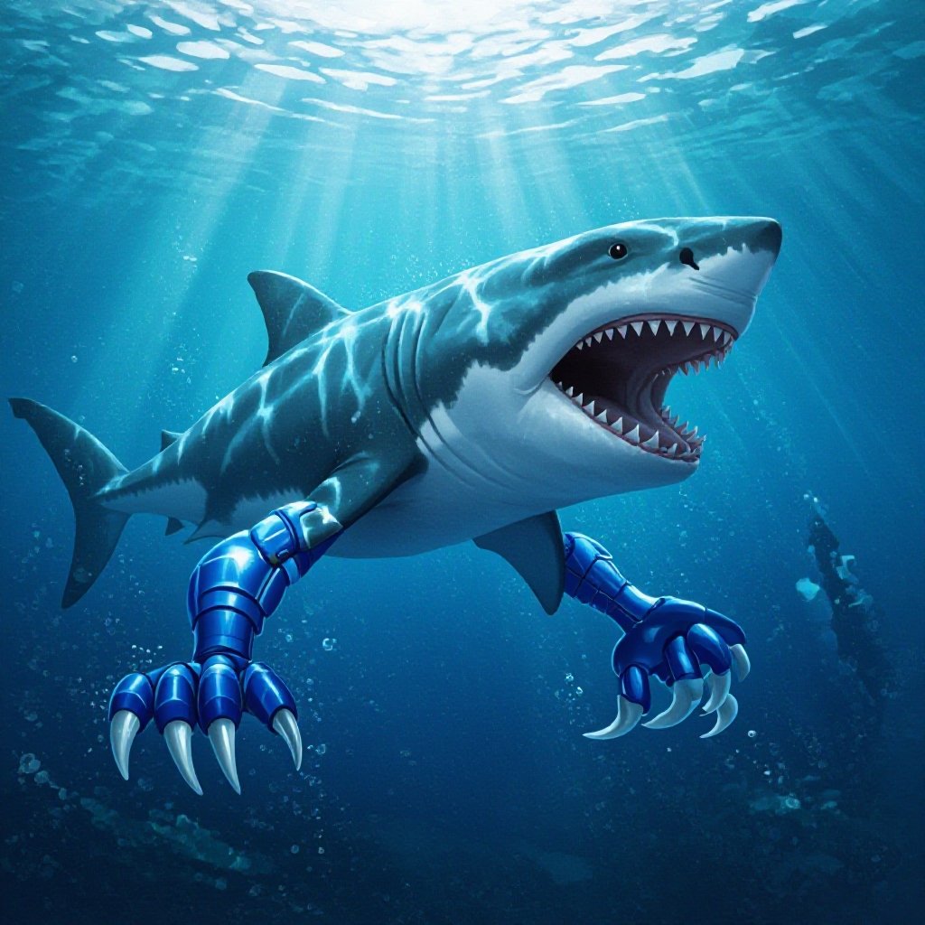 Megalodon 2 blue arm 2 blue leg 4 blue claws in ocean