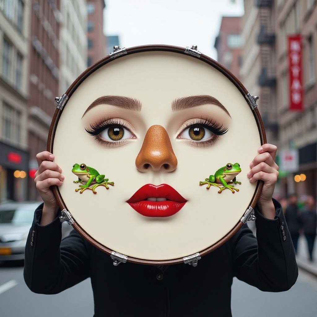 Drum 2 human eye brown nose 1 lip 2 frog leg in city