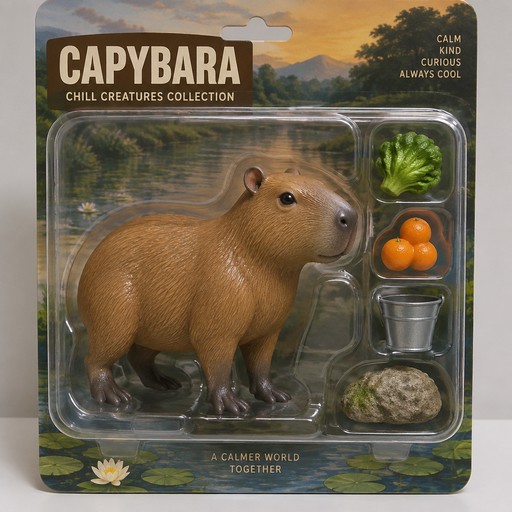 Capybara toy in a clear collectible package with food accessories, against a sunset background.