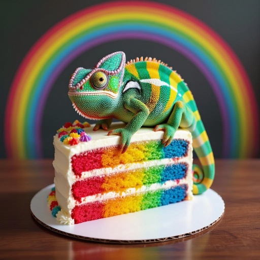 Un camaleonte sopra una torta arcobaleno