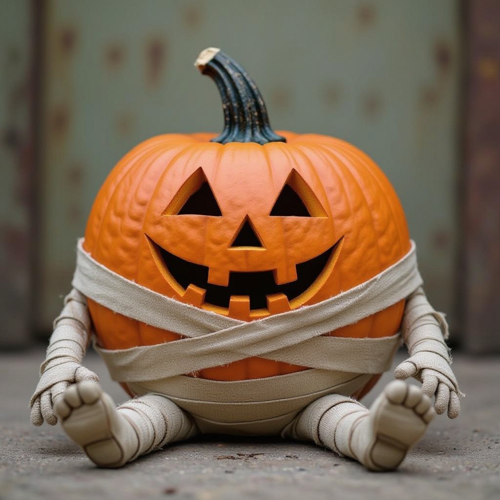 Pumking with a smile and with legs and mummy