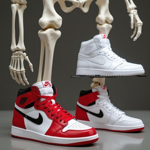 Corpo humano inteiro de osso com tênis da Nike no pé. Bem realista