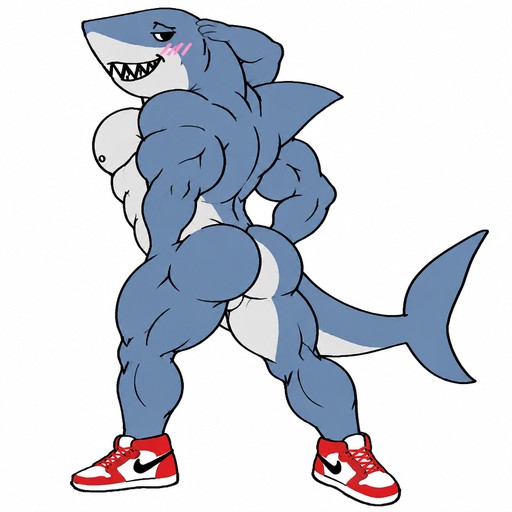 Cartoon muscular shark character posing in red-and-white sneakers.