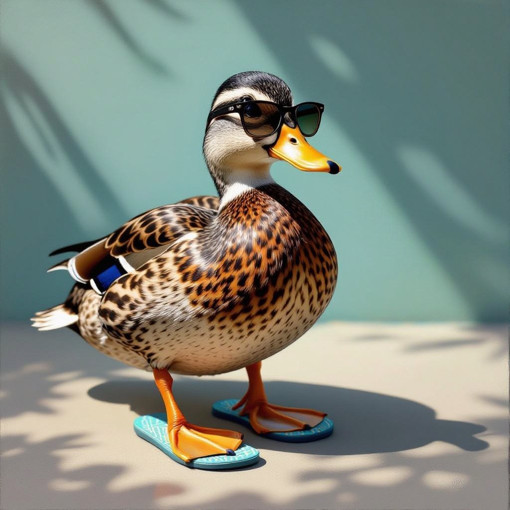 Um pato com chinelos e óculos escuros