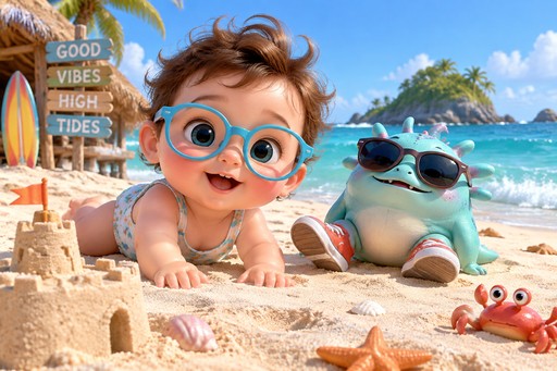 Cartoon beach scene with a person, sunglasses-wearing frog, sandcastle, and crab in bright colors.