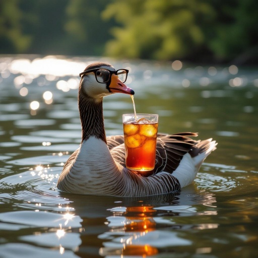 Goose wear glasses with drink iced tea in river