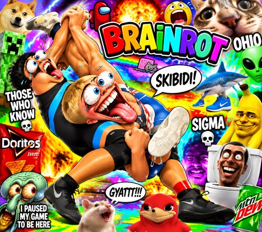 Colorful chaotic meme collage with cartoon characters, bold text, snacks, and bright effects