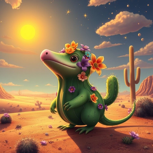 Crea un ornitorinco con cuerpo de cactus y que este en el desierto
