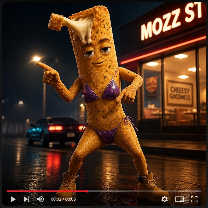Animated cheese character dancing outside a brightly lit restaurant at night.