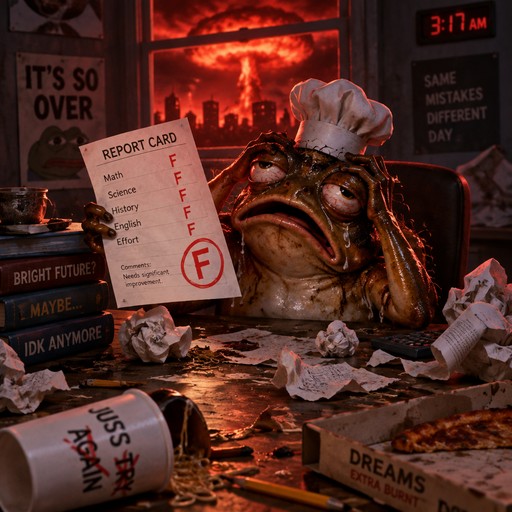 Cartoonish frog wearing a chef hat beside a failing report card amid fiery debris.