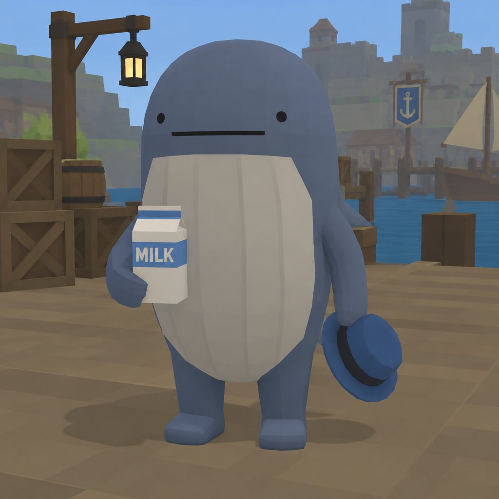 Blue cartoon sea creature holding a milk carton beside a harbor dock, blocky 3D style