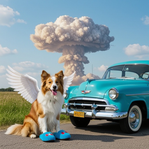 Un cane con le ciabatte con le ali e un auto blu alle spalle ma bomba atomica