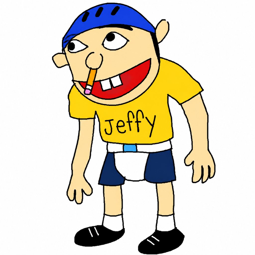Cartoon puppet character in a yellow shirt, blue hat, and black shoes smiling.