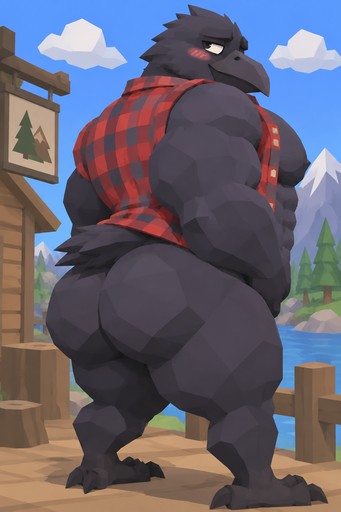 Cartoon wolf-like character in red plaid vest standing by a mountain lake.