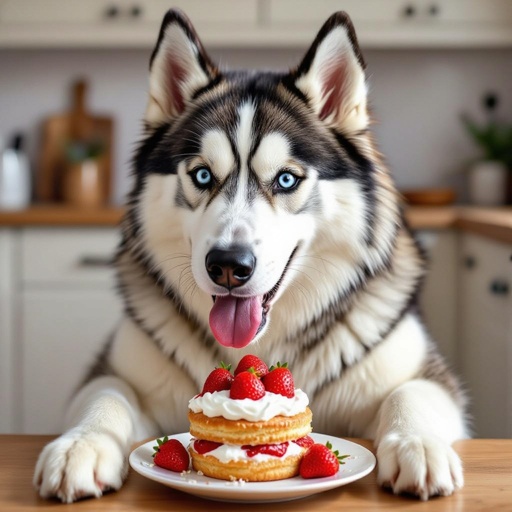 Make a husky eating a strawberry shortcake 