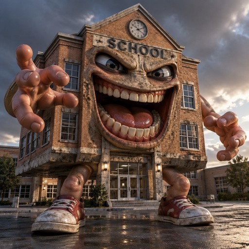 Surreal grinning school building with floating hands and sneakers, in a cloudy street scene