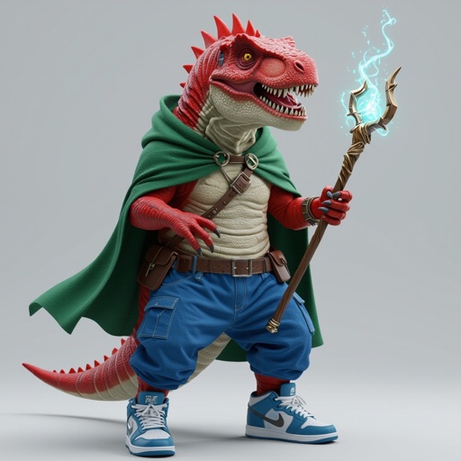 T-rex rosso fuso ad uno squalo blu con  scarpe Nike e un bastone magico mantello verde e pantaloni blu