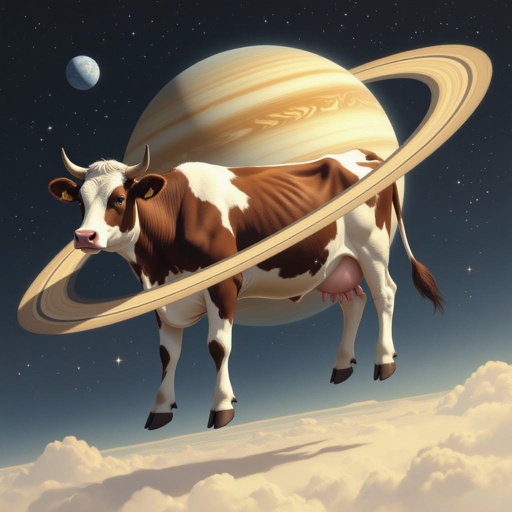 Cow with Saturn body 2 cow leg 2 human foot in space