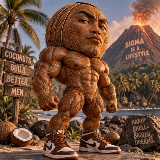 Muscular coconut character wearing sneakers in a tropical volcano scene with meme signs