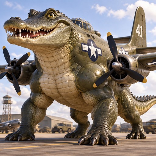 Cartoon alligator-shaped military aircraft beside buildings under a blue sky
