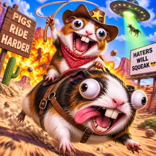 Cartoon hamster cowboy rides a wide-eyed pig amid flames and UFOs, with bold signs.