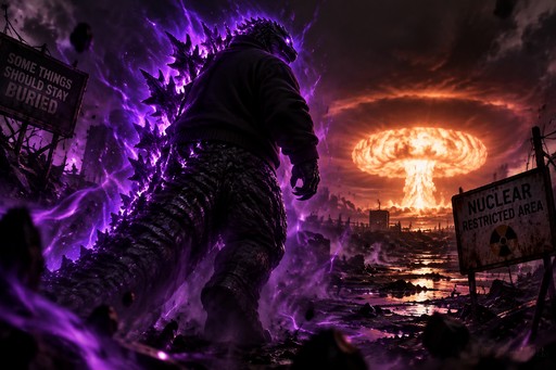 Dark monster silhouette amid purple energy, facing an orange glowing sky over a ruined cityscape.
