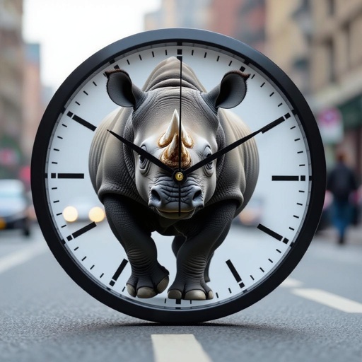 A clock with a rhino face the rhino is excited and is running on a city road